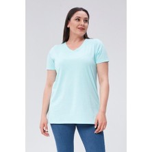 Sea Moda Büyük Beden V Yaka Yırtmaçlı Pamuk Basic Tshirt-Açık Turkuaz