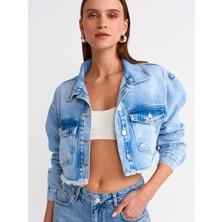 Dilvin 65347 Crop Denim Ceket-Mavi