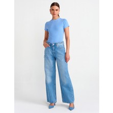 Dilvin 71472 Saat Cebi Kesik Straight Denim Pantolon-Mavi