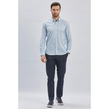 İmza Mavi Kısalabilir Kol Baskılı Cepsiz %97 Pamuk %3 Elastane Klasik Slim Fit Gömlek 1004240116