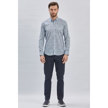 İmza Koyu Lacivert Uzun Kollu Baskılı Biritli Yaka Cepsiz Pamuklu Klasik Slim Fit Gömlek 1004240213