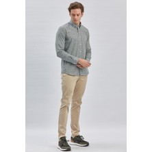 İmza Koyu Yeşil Uzun Kollu Baskılı Biritli Yaka Cepsiz Pamuklu Klasik Slim Fit Gömlek 1004240215