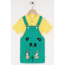 Bisiklet Yaka Kısa Kol Panda Fıgurlu Icı Tshirtlu Koyu Yeşil Renk Erkek Çocuk Sortlu Salopet