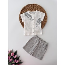 Miniğimin Cicileri Yeşil Kız Bebek Dal Nakışlı Müslin Kumaş şortlu takım - Gri