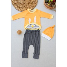 Diji Baby 3-6 6-9 9-12 Ay Şımarık Tavşan Nakışlı Şapkalı Uzun Kollu Sweat 3lü Kız-Erkek Bebek Takımı