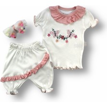 Diji Baby 6-9 9-12 12-18 Ay Çiçek Nakışlı Roman Şalvar Bandanalı Kısa Kollu Sweat 3lü Kız Bebek Takımı