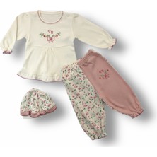 Diji Baby 3-6 6-9 9-12 Ay Tb Çiçek Nakışlı Şapkalı Uzun Kollu Sweatli 3lü Kız Bebek Takımı