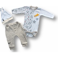 Diji Baby 3-6 6-9 9-12 Ay Kuyruklu Yıldız Nakışlı Şapkalı Uzun Kollu Zıbınlı 3lü Kız-Erkek Bebek Takımı