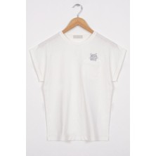 Bisiklet Yaka Kısa Kol Cep Detaylı Sımlı Kedı Baskılı Ekru Renk Kız Cocuk Tshırt