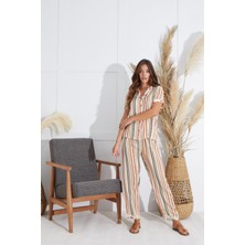 Kadın Kısa Kol Önden Düğmeli Çizgili Pijama Takım C5T3N5O51