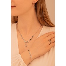 Osmanlı Gümüş Kadın Gümüş Takı Seti - Pera Zümrüt Mekik Taşlı 925 Ayar Kolye, Bileklik, Yüzük, Küpe Tam Set