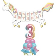 Parti Sürprizi Unicorn 3 Yaş Happy Birthday Gökkuşağı
