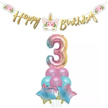 Parti Sürprizi Çiçekli Unicorn 3 Yaş Gökkuşağı Balon Set