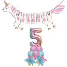 Parti Sürprizi Şekilli Unicorn 5 Yaş Iyi Ki Doğdun Gökkuşağı Balonlu Set