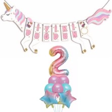 Parti Sürprizi Şekilli Unicorn 2 Yaş Iyi Ki Doğdun Gökkuşağı Balonlu Set