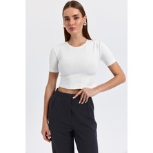 Tena Kadın Ekru Bisiklet Yaka Full Likra Ribana Kısa Tişört