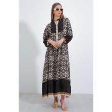 Bigdart Kadın Siyah Krem Desenli Viskon Tesettür Elbise 2423