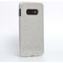 Case 4u Galaxy S10E Kılıf Çift Katmanlı Simli Shining Sert Silikon Arka Kapak Gümüş