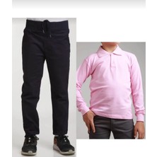 Fires Giyim Unisex Çocuk Ribana Bel Lastikli Siyah Okul Pantolon + Uzun Kol  Pamuk Lakos