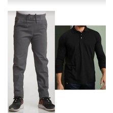 Fires Giyim Unisex Çocuk Ribana Bel Lastikli Gri Okul Pantolon + Uzun Kol  Pamuk Lakos