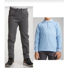 Fires Giyim Unisex Çocuk Ribana Bel Lastikli Gri Okul Pantolon + Uzun Kol  Pamuk Lakos
