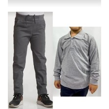 Fires Giyim Unisex Çocuk Ribana Bel Lastikli Gri Okul Pantolon + Uzun Kol  Pamuk Lakos