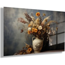 Gaagart Temperli Gerçek Yatay Cam Tablo Vazoda Kuru Çiçek ve Papatyalar