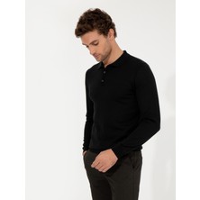 Cacharel Erkek Siyah Slim Fit Polo Yaka Basic Triko Kazak 50255613-VR046