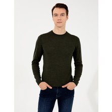 Cacharel Erkek Haki Slim Fit Bisiklet Yaka Basic Triko Kazak 50257398-VR027