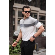 Miron Gri Beyaz Fermuarlı Triko Polo Yaka Tişört