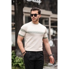 Miron Bej Sıfır Yaka Çizgili Triko Tişört