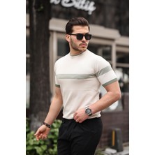 Miron Bej Sıfır Yaka Çizgili Triko Tişört