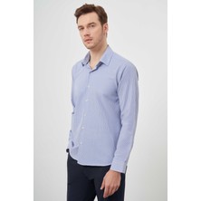 Morven  Erkek Mavi Slim Fit Çizgili Desen Sert Yaka Gömlek