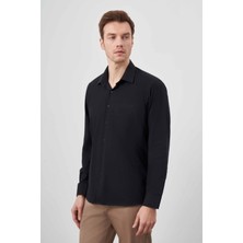 Morven  Erkek Siyah Basic Düz Desen Cepli Sert Yaka Regular Fit Gömlek