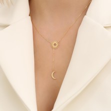 Nox Jewelry 14 Ayar Altın Mikron Kaplama Güneş & Ay Sallantılı Kolye – Minimal Y Kolye Tasarım - CNS00516