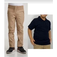 Fires Giyim Unisex Çocuk Ribana Bel Bej Okul Pantolon +Kısa Kol  Pamuk Polo Yaka T-Shırt