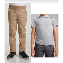 Fires Giyim Unisex Çocuk Ribana Bel Bej Okul Pantolon +Kısa Kol  Pamuk Polo Yaka T-Shırt