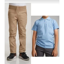 Fires Giyim Unisex Çocuk Ribana Bel Bej Okul Pantolon +Kısa Kol  Pamuk Polo Yaka T-Shırt