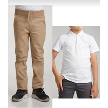 Fires Giyim Unisex Çocuk Ribana Bel Bej Okul Pantolon +Kısa Kol  Pamuk Polo Yaka T-Shırt