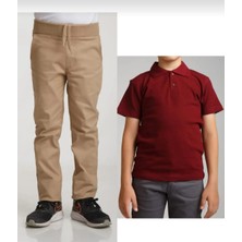 Fires Giyim Unisex Çocuk Ribana Bel Bej Okul Pantolon +Kısa Kol  Pamuk Polo Yaka T-Shırt