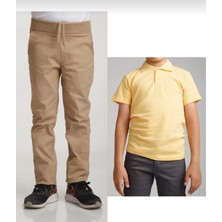 Fires Giyim Unisex Çocuk Ribana Bel Bej Okul Pantolon +Kısa Kol  Pamuk Polo Yaka T-Shırt