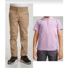 Fires Giyim Unisex Çocuk Ribana Bel Bej Okul Pantolon +Kısa Kol  Pamuk Polo Yaka T-Shırt