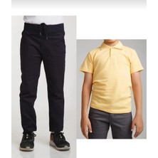 Fires Giyim Unisex Çocuk Ribana Bel Lacivert Okul Pantolon +Kısa Kol  Pamuk Polo Yaka T-Shırt