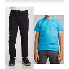 Fires Giyim Unisex Çocuk Ribana Bel Lacivert Okul Pantolon +Kısa Kol  Pamuk Polo Yaka T-Shırt