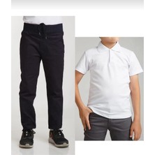 Fires Giyim Unisex Çocuk Ribana Bel Lacivert Okul Pantolon +Kısa Kol  Pamuk Polo Yaka T-Shırt