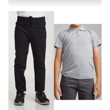 Fires Giyim Unisex Çocuk Ribana Bel Lacivert Okul Pantolon +Kısa Kol  Pamuk Polo Yaka T-Shırt