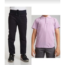 Fires Giyim Unisex Çocuk Ribana Bel Lacivert Okul Pantolon +Kısa Kol  Pamuk Polo Yaka T-Shırt