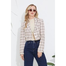 Tomiross Kadın Kahverengi Slim Fıt Kruvaze Yaka Dokuma Desen Kısa Ceket ŞULE-4347