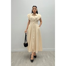 Giyimmasalı Poplin Kumaş Düğme Detaylı Elbise - Krem