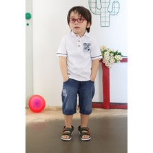RCW Rimini Beyaz Skate Baskılı Polo Yaka Erkek Çocuk Jean Şortlu Takım 18744